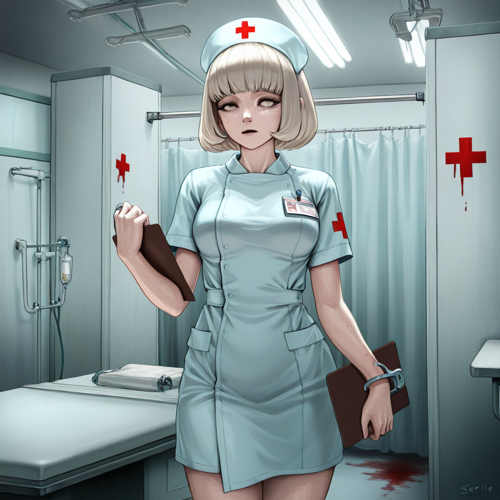 1girl, nurse, platinum blonde bob, hazel eyes, freckles, fair skin, curvaceous busty figure, fitted light-blue medical scrubs, white nurse's cap with red cross, holding black clipboard against chest, standing in exam room, sterile clinical setting, fluorescent overhead lighting, medical equipment visible, examination table, blood pressure cuff on wall, professional demeanor, warm smile, confused expression, slight tilt of head, faint unease in eyes, soft clean scent, bokeh background, sharp focus, high detail, (masterpiece:1.2)